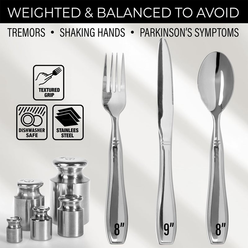 Shop Square Weighted Utensils for Hand Tremors and Parkinson's Patients - 3 Piece Set Weighted Silverware for Elderly, Arthritis, Weak Hand Grip - Convenient Travel Bag, Stainless Steel, 7 Oz - Image 2